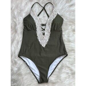 CUPSHE Olive Green Lace One Piece Swimsuit Crochet V Neck Monokini Padded XL